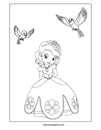 Coloring Page Of Sofia The First With A Tiara And Birds In The Background, Wearing A Floral Dress.