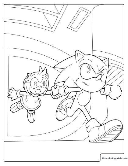 Sonic And Amy Rose Coloring Page Running Together Through A Corridor