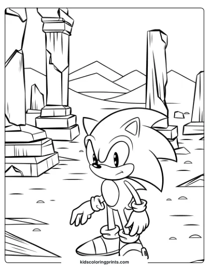 Sonic In A Desert With Broken Pillars And Rocky Formations In This Mysterious Coloring Page.