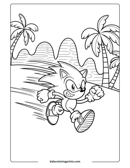 Sonic Running At High Speed Through Green Hill Zone With Palm Trees And Hills In This Action-Packed Coloring Page.