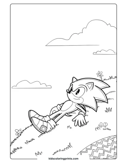Sonic Lying On A Grassy Hill With Flowers, Gazing At The Clouds On This Peaceful Coloring Page.