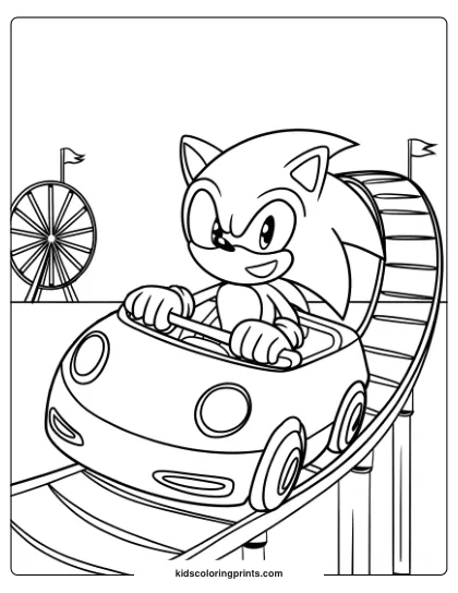 Sonic On A Roller Coaster With A Ferris Wheel In The Background, Enjoying The Amusement Park In This Fun Coloring Page.