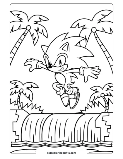 Sonic Jumping Over A Waterfall In Angel Island With Tall Palm Trees On This Adventurous Coloring Page.