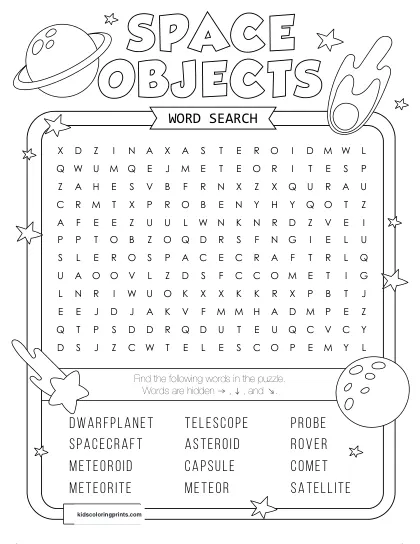 Free Printable Space Objects Word Search Puzzle With 12 Objects From Comet To Capsule.