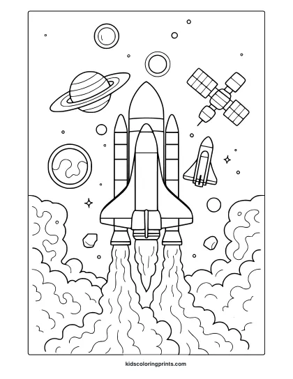 Rocket Launch With Stars Moons And Planets. Exciting Space Rocket Coloring Page Full Of Movement And Detail.