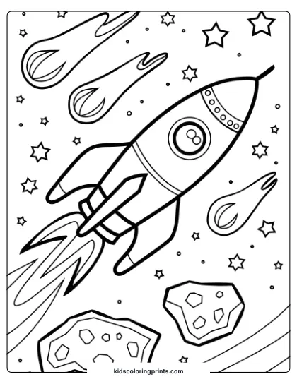 Coloring Page Of A Space Rocket Soaring Past Comets And Asteroids, Creating An Adventurous Outer Space Scene.