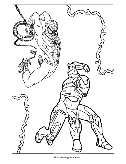 Spider-Man And Iron Man Coloring Page In Action Pose With Lightning Bolt Background.