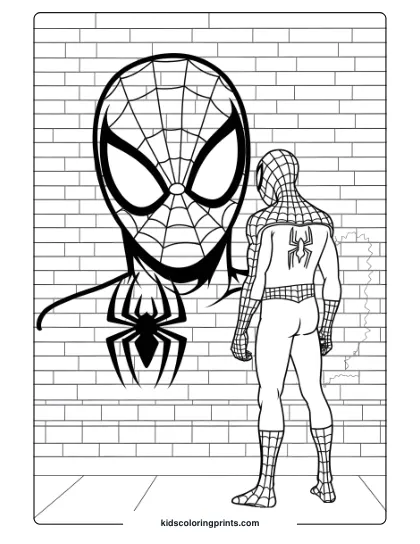 Spider-Man Observing Graffiti Of His Face On A Brick Wall In Brooklyn In A Detailed Coloring Page.