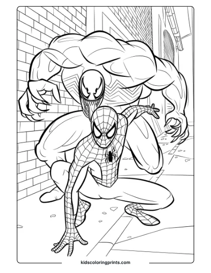 Spider-Man And Venom In A Dark Alley Showdown Coloring Page, Highlighting The Iconic Web And Venom's Menacing Look.