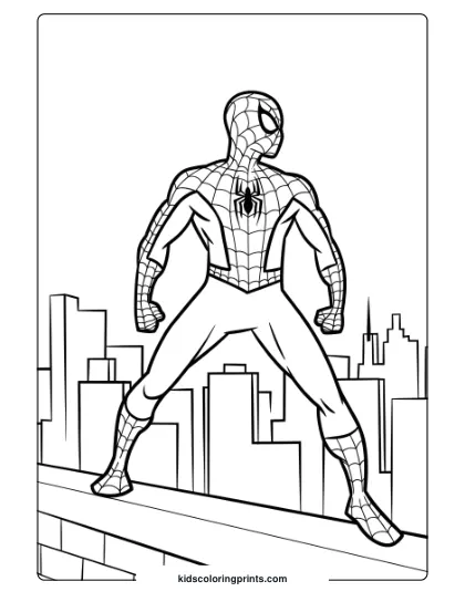 Spider-Man Overlooking The City In A Heroic Pose Coloring Page, Emphasizing His Classic Web-Patterned Suit.