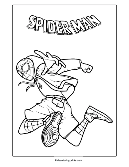 Spider-Verse Coloring Page With Jumping Spider-Man In Casual Outfit And Web Design.