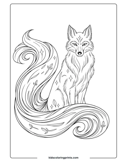 Fox Coloring Page Of A Spirit Fox With Intricate Tail Patterns And Sharp Eyes, Embodying Protection In A Serene Forest Scene.