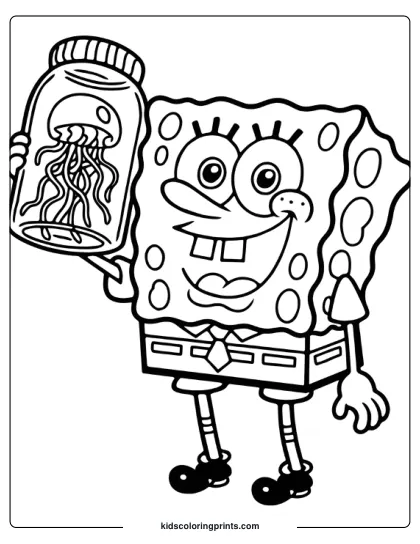 Spongebob Proudly Holds A Jellyfish Jar In This Fun And Adventurous Coloring Page.