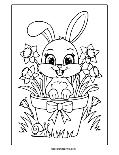 Spring Coloring Page With An Adorable Bunny Behind A Decorated Flower Pot, Ideal For Kids And Adults To Color.
