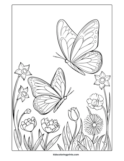 A Butterfly Coloring Page With Two Butterflies Flying Among Tulips And Daisies, Perfect For Spring-Themed Creativity.