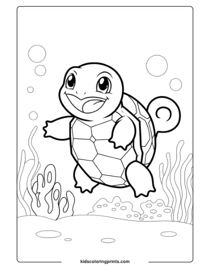 Squirtle Coloring Page With Squirtle Swimming Underwater Among Bubbles And Marine Plants.