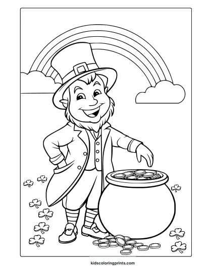 A Fun St. Patrick’s Day Coloring Page Featuring A Happy Leprechaun, A Pot Of Gold, And A Rainbow To Bring Luck And Joy.