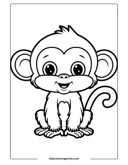 Coloring Page Of A Standing Monkey With Round Eyes And A Fluffy Tail, Showing A Calm And Friendly Expression.