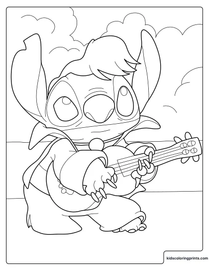 Stitch Coloring Page Dressed As Elvis Playing A Guitar