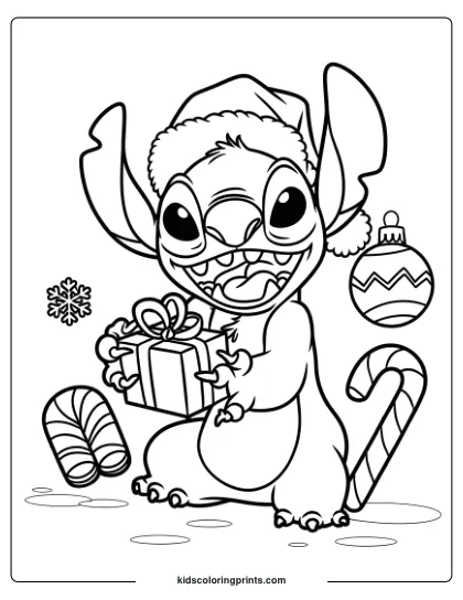 Stitch Is Wearing A Santa Hat And Holding A Gift In This Christmas-Themed Coloring Page.