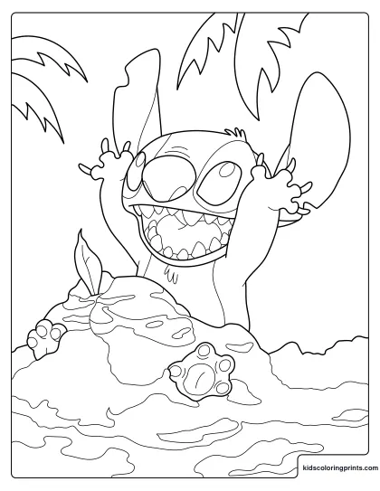 Stitch Coloring Page Playing Excitedly In The Sand