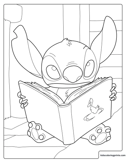 Stitch Coloring Page Reading A Book Peacefully
