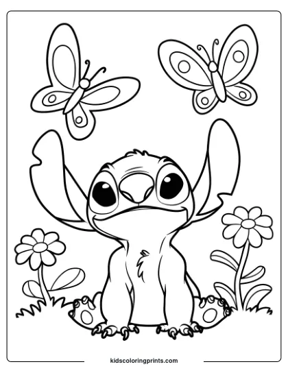 Stitch Is Seated With Butterflies In A Garden In This Peaceful Coloring Page.