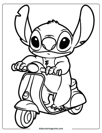 Stitch Is Riding A Scooter With A Carefree Smile In This Fun Coloring Page.