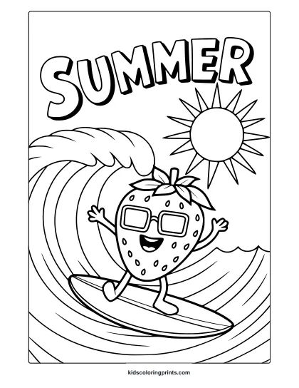 A Strawberry With Sunglasses Surfs A Wave With “Summer” Above In This Cheerful Summer Coloring Page.