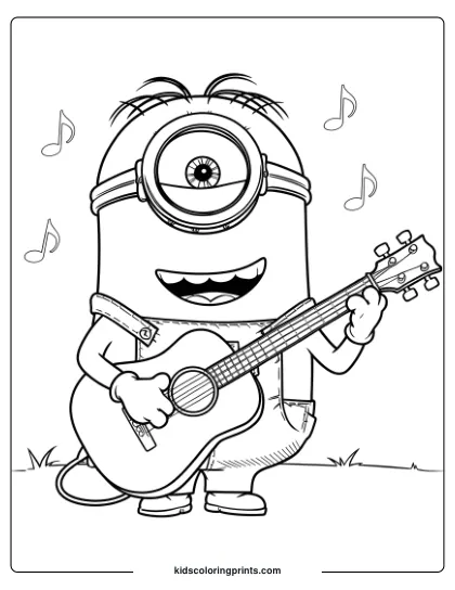A Minion Coloring Page Featuring Stuart Playing A Guitar Surrounded By Floating Musical Notes For Music Lovers.
