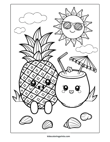 Kawaii Summer Coloring Page Featuring A Pineapple And Coconut Drink On A Beach, With A Smiling Sun And Clouds For A Tropical Theme.