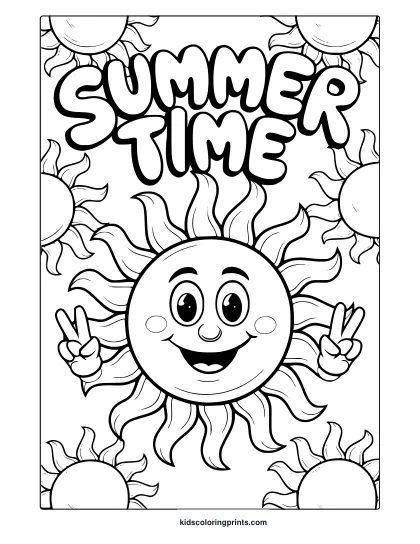 A Smiling Sun With Big Eyes Flashes A Peace Sign In This Joyful “Summer Time” Coloring Page.