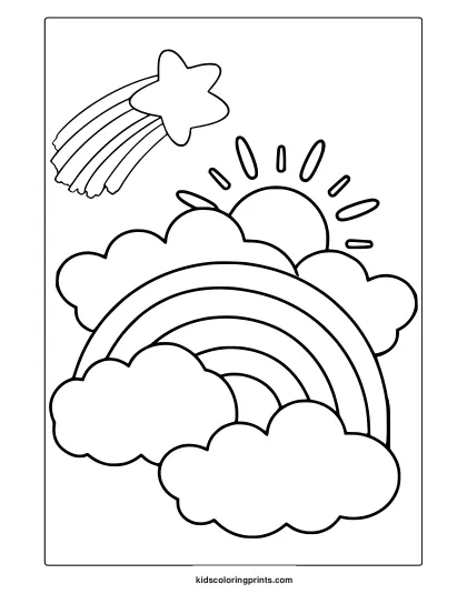 Sun And Rainbow Coloring Page With Fluffy Clouds And A Shooting Star.