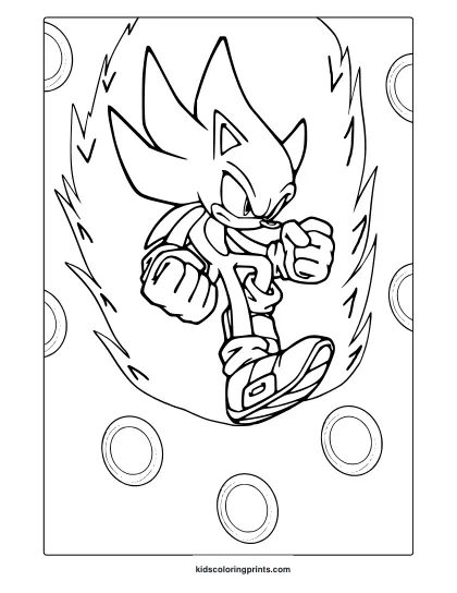Coloring Page With Super Sonic Surrounded By Lightning And Energy Rings.