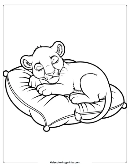 A Lion Cub Sleeping On A Pillow, Providing A Calming And Adorable Lion Coloring Page For Children.