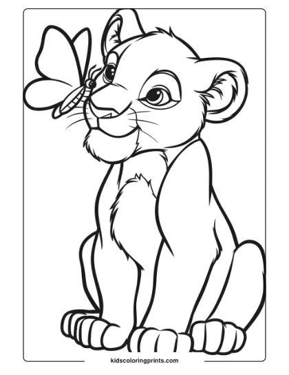 A Young Lion Cub With A Butterfly On Its Nose, A Gentle And Cute Lion Coloring Page For Kids To Color.