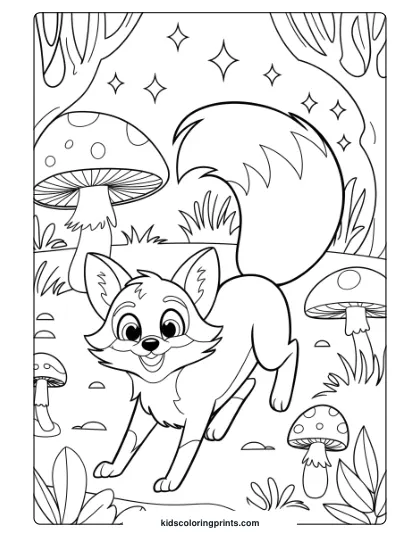 Coloring Page Of Tails The Fox In A Forest With Mushrooms And Stars, Set In A Whimsical, Magical Landscape For Coloring.