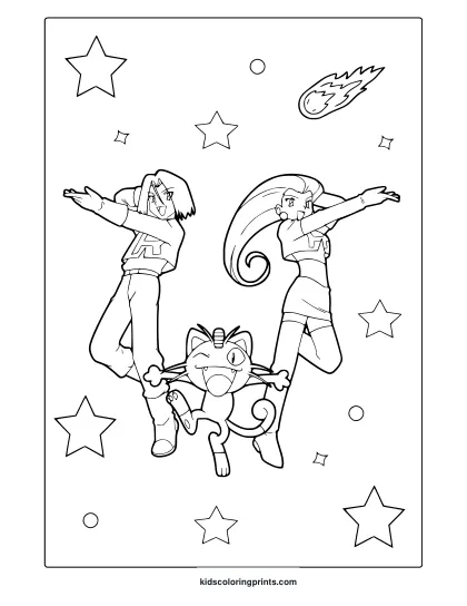 Jessie, James, And Meowth Jumping With Stars And Comet On A Dynamic Pokémon Coloring Page.