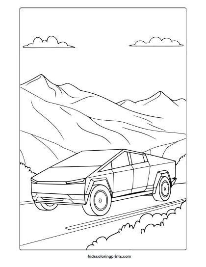 A Cybertruck Driving Through Rolling Hills, A Futuristic Tesla Cybertruck Coloring Page.