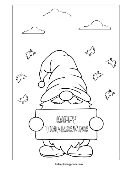 Thanksgiving Gnome Coloring Page With Pointed Hat, Falling Leaves, Clouds, And Festive Sign.