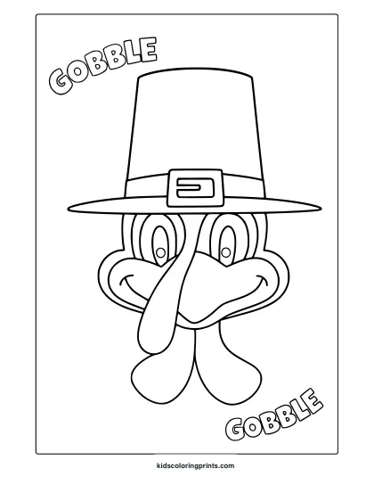 Thanksgiving Gobble Gobble Coloring Page With Cartoon Turkey, Pilgrim Hat, And Holiday Text.
