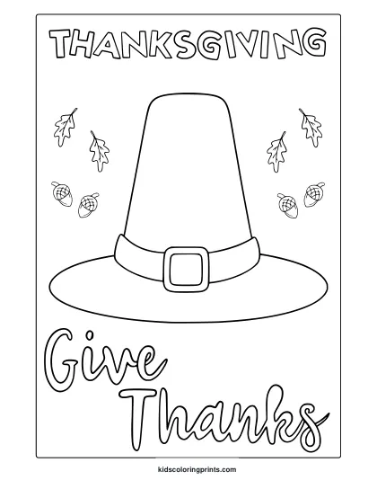 Thanksgiving Hat Coloring Page With Pilgrim Hat, Acorns, Oak Leaves And Give Thanks Message.