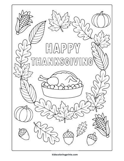 Thanksgiving Leaves Coloring Page With Turkey, Pumpkins, Acorns, And Autumn Wreath Design.