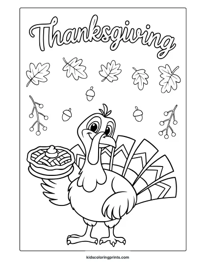 Cartoon Turkey With Patterned Tail Feathers, Pie, And Autumn Details In A Thanksgiving Coloring Page.