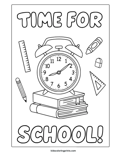 Coloring Page With Clock, Books, And School Tools Under “Time For School” Text.
