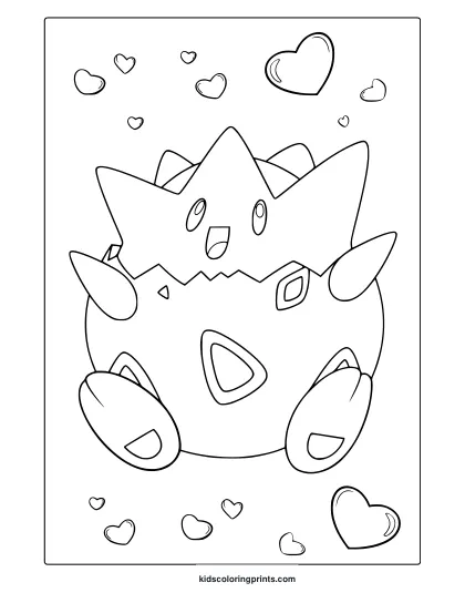 Togepi Surrounded By Hearts In A Sweet And Simple Pokémon Coloring Page.