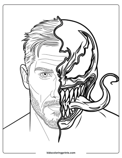 This &Quot;Tom Hardy Venom Coloring Page&Quot; Features A Striking Split-Face Design, With One Side Showing Actor Tom Hardy And The Other Side Transforming Into Venom’s Monstrous Form. The Detailed Contrast Between Hardy’s Human Features And Venom’s Sharp Teeth, Long Tongue, And Alien-Like Appearance Makes For A Dynamic And Visually Captivating Image. This Coloring Page Captures The Duality Of The Character, Offering A Unique And Creative Challenge For Fans.