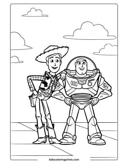 A Toy Story Buzz And Woody Coloring Page Showing The Duo Standing Under A Clear Sky With Clouds On A Flat Surface.