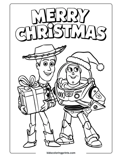 A Toy Story Christmas Coloring Page Showing Buzz And Woody With A Gift Box And &Quot;Merry Christmas&Quot; Written Above Them.