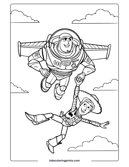 A Buzz And Woody Toy Story Coloring Page Featuring Buzz Flying With Woody Holding His Hand Under A Clear, Cloudy Sky.